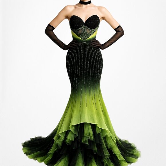 Vintage Black Green Strapless Silk Beaded Tulle Bodycon Maxi Prom Dress  Size XS